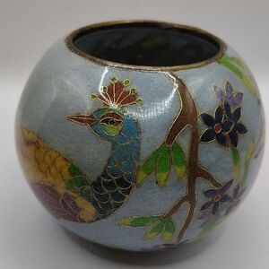 Vintage Cloisonné Brass And Glass Peacock Bowl Candle Holder 4" Diameter 3" Tall